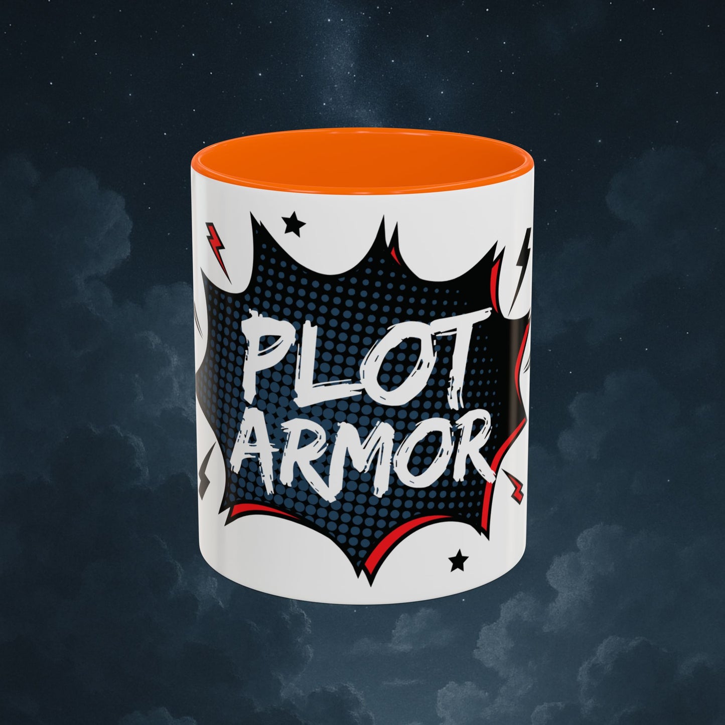 Plot Armor Comic Mug – Funny Pop Art Coffee Cup for Everyday Heroes & Creatives | 11oz Ceramic Mug with Color | Motivational Gift Idea
