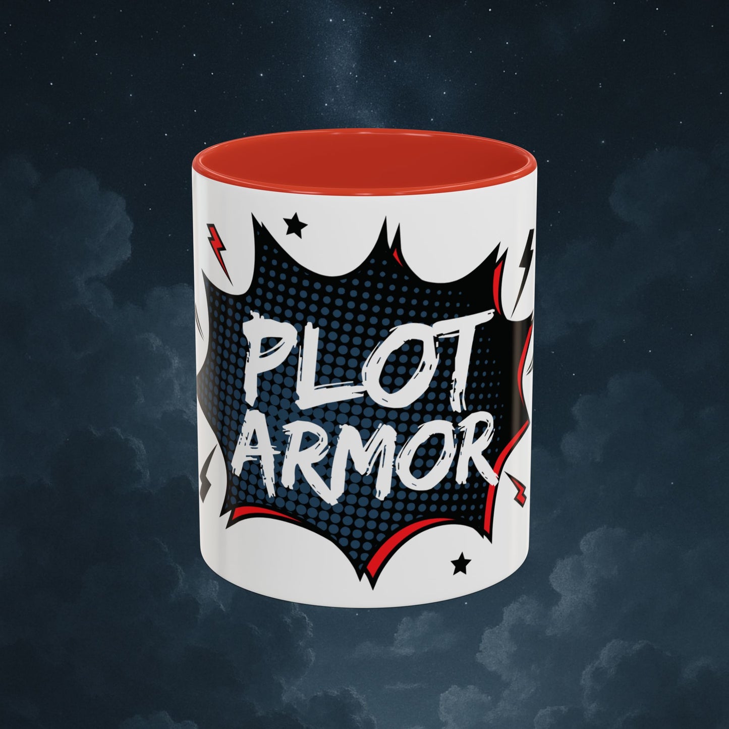 Plot Armor Comic Mug – Funny Pop Art Coffee Cup for Everyday Heroes & Creatives | 11oz Ceramic Mug with Color | Motivational Gift Idea