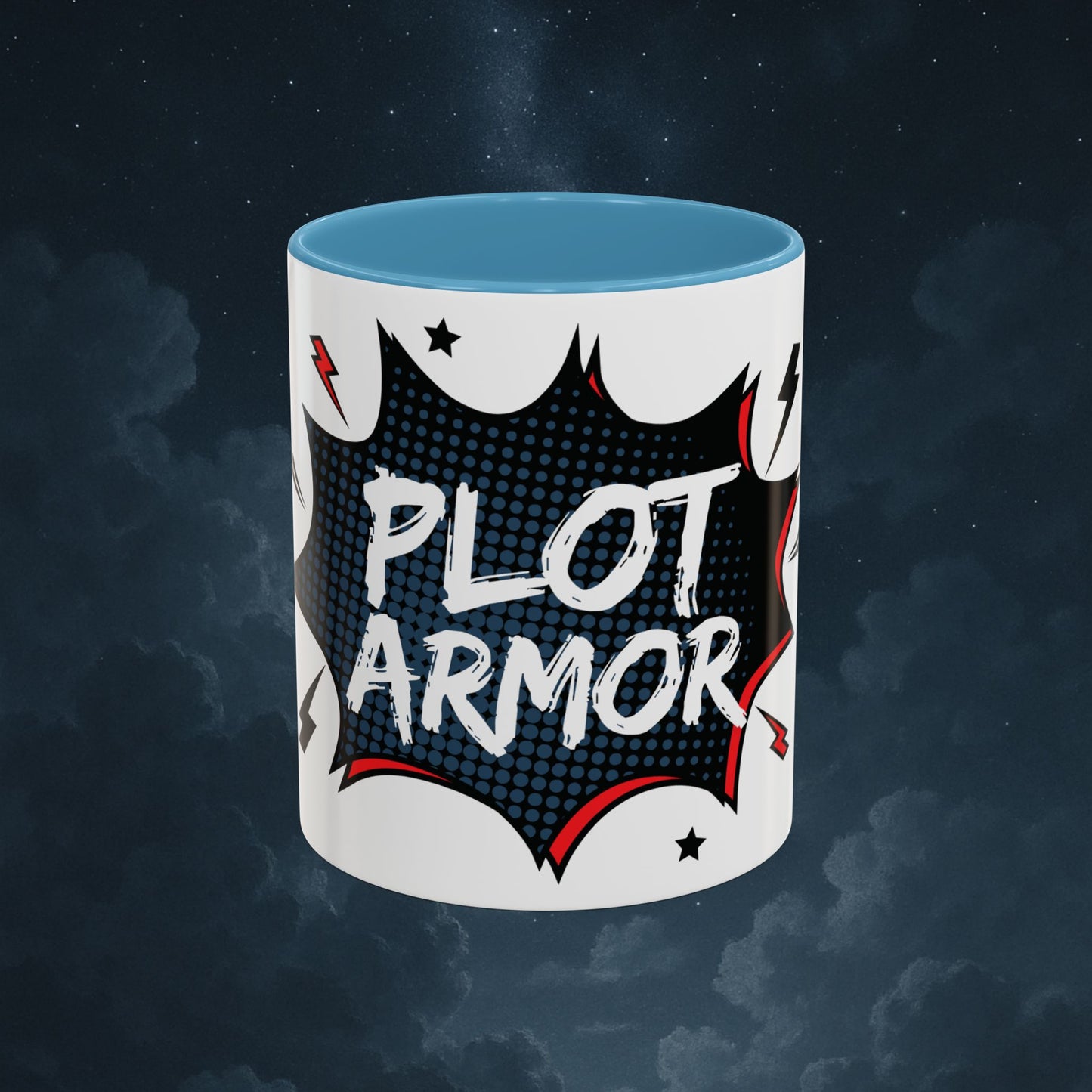 Plot Armor Comic Mug – Funny Pop Art Coffee Cup for Everyday Heroes & Creatives | 11oz Ceramic Mug with Color | Motivational Gift Idea