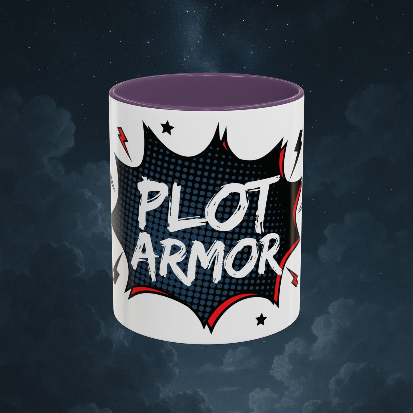 Plot Armor Comic Mug – Funny Pop Art Coffee Cup for Everyday Heroes & Creatives | 11oz Ceramic Mug with Color | Motivational Gift Idea