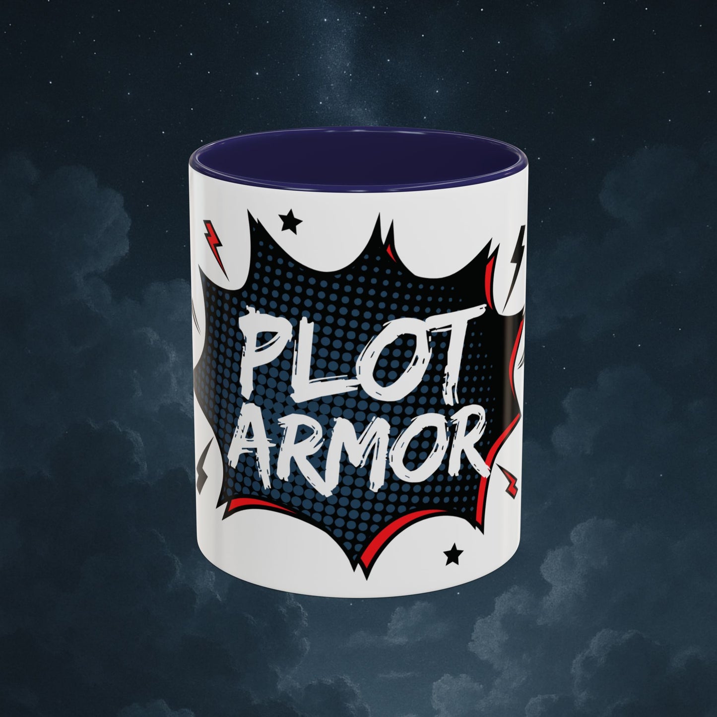 Plot Armor Comic Mug – Funny Pop Art Coffee Cup for Everyday Heroes & Creatives | 11oz Ceramic Mug with Color | Motivational Gift Idea