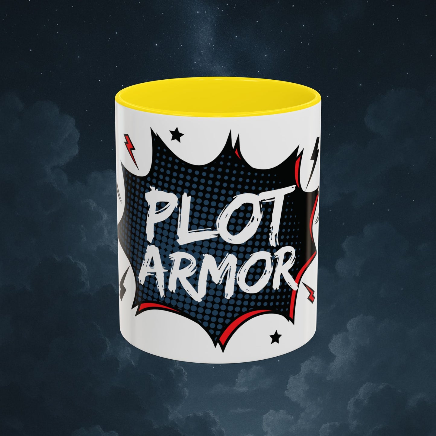 Plot Armor Comic Mug – Funny Pop Art Coffee Cup for Everyday Heroes & Creatives | 11oz Ceramic Mug with Color | Motivational Gift Idea