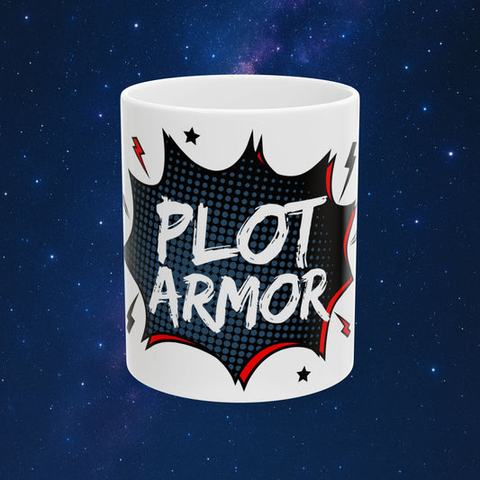 All White Ceramic Mug – Funny “PLOT ARMOR” Mug for Everyday Heroes & Go-Getters | 11oz Ceramic Coffee Cup | Pop Art Motivation Design