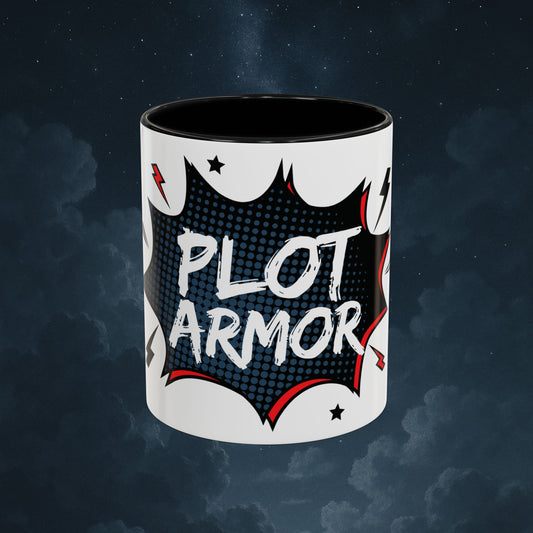 Plot Armor Comic Mug – Funny Pop Art Coffee Cup for Everyday Heroes & Creatives | 11oz Ceramic Mug with Color | Motivational Gift Idea